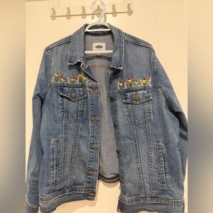 Old Navy Blue Jean Jacket with Floral Embroidery